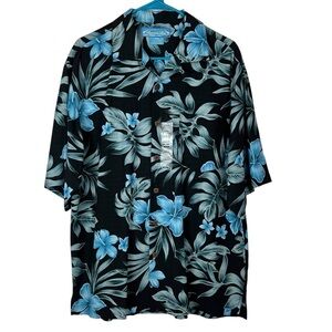 Bermuda Bay Men’s 100% Silk Tropical Hawaiian Black & Blue Printed Shirt Size M